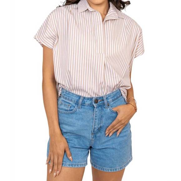 NEW KARLIE stripe vneck poplin top in tan - Picture 1 of 2